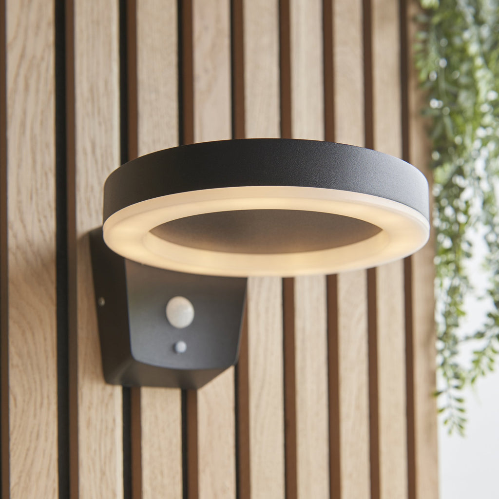 Ebro Exterior PIR Photocell Wall Light In Textured Black Finish IP44 96933