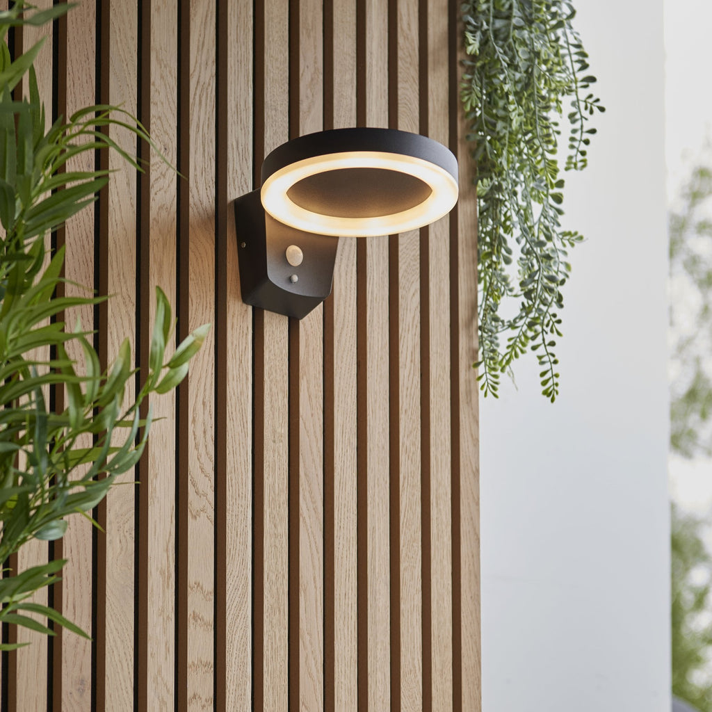 Ebro Exterior PIR Photocell Wall Light In Textured Black Finish IP44 96933