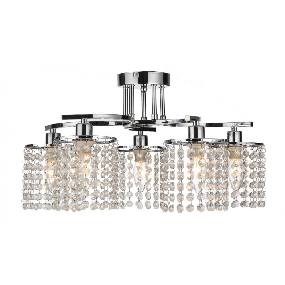 Contemporary 5 Light Semi Flush Chandelier In Chrome Finish with Crystal Droplets