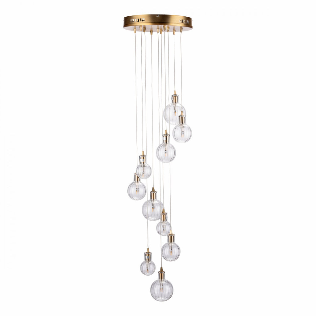 Dita Stunning 10 Light Cluster Ceiling Pendant In Warm Brass With Ribbed Glass DIT2342