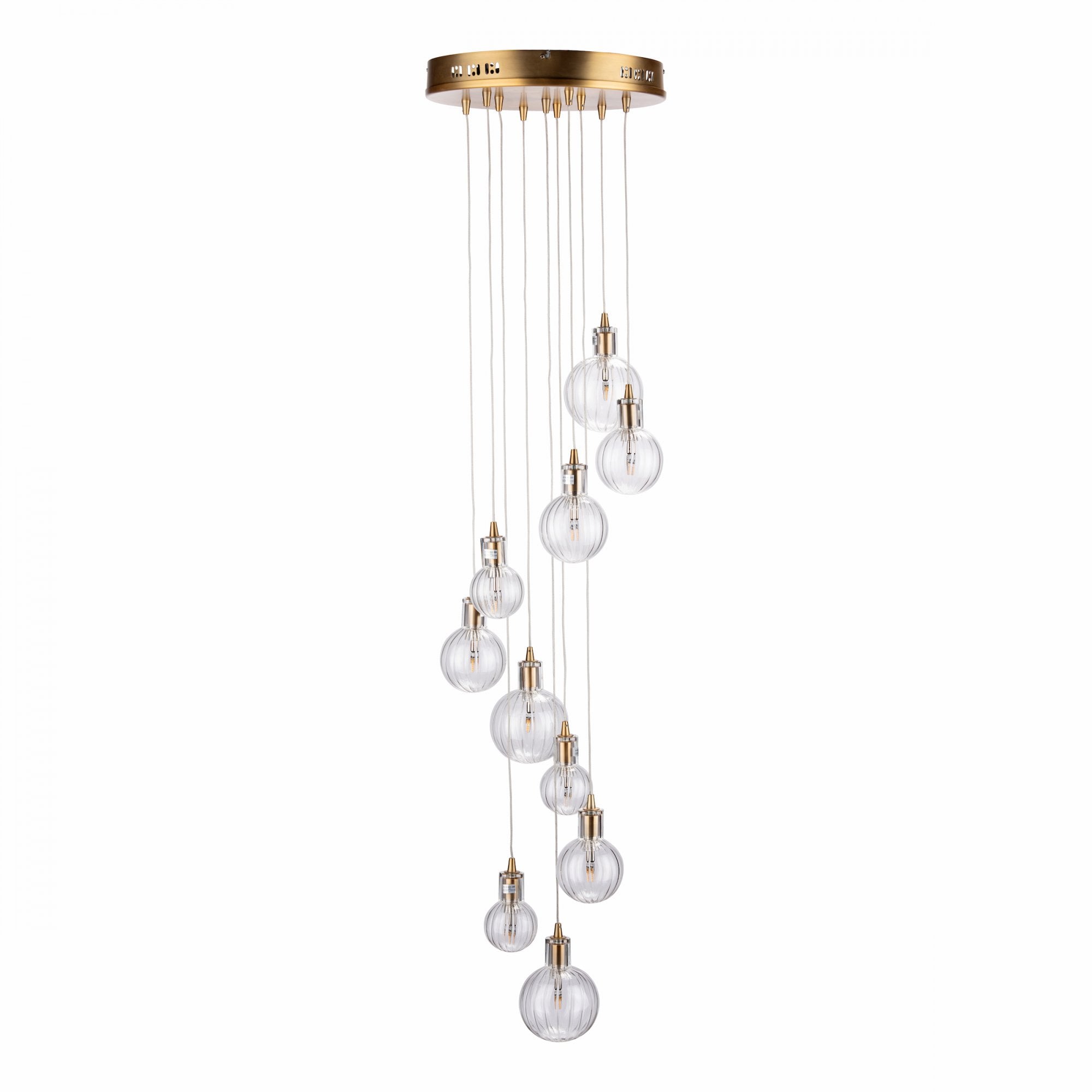 Dita Stunning 10 Light Cluster Ceiling Pendant In Warm Brass With Ribbed Glass DIT2342
