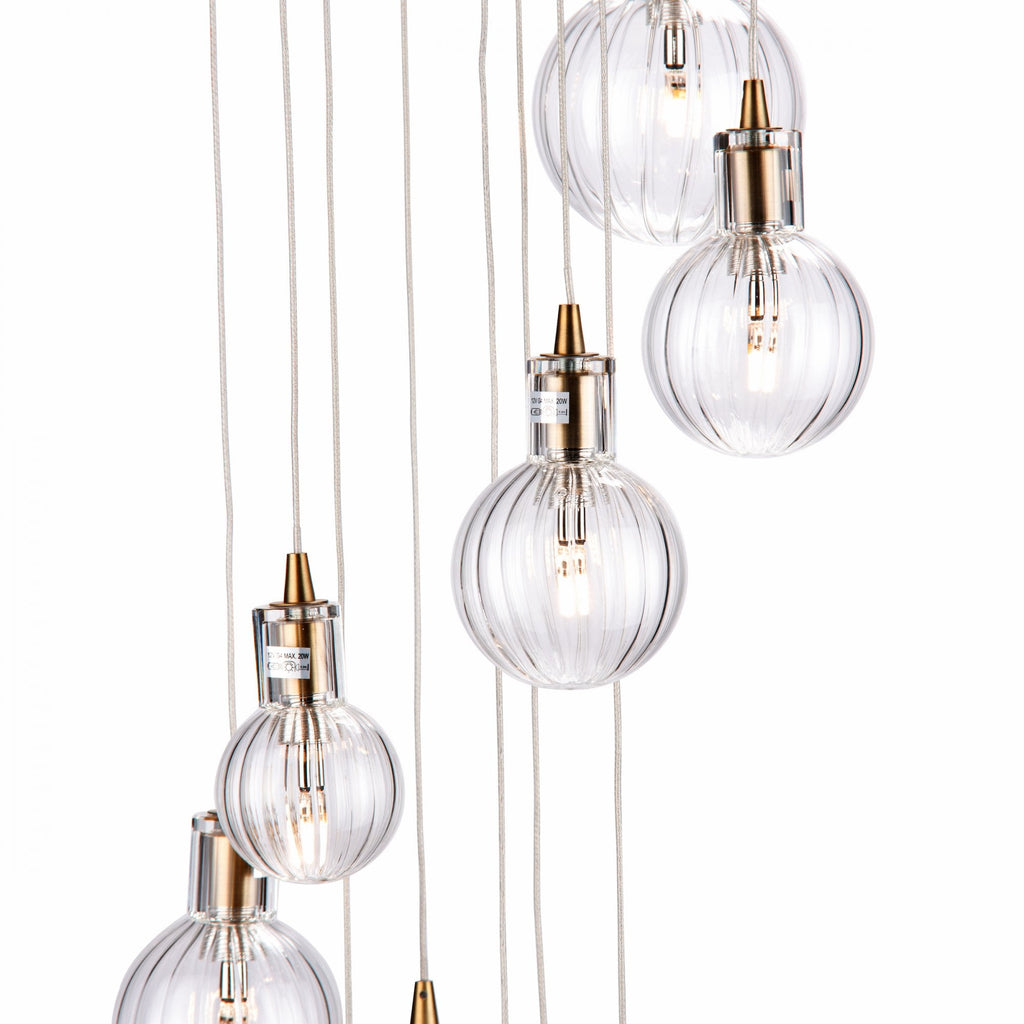 Dita Stunning 10 Light Cluster Ceiling Pendant In Warm Brass With Ribbed Glass DIT2342