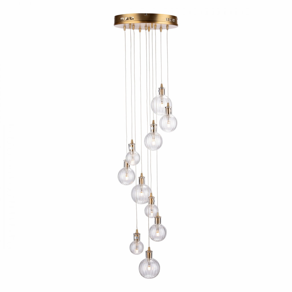 Dita Stunning 10 Light Cluster Ceiling Pendant In Warm Brass With Ribbed Glass DIT2342