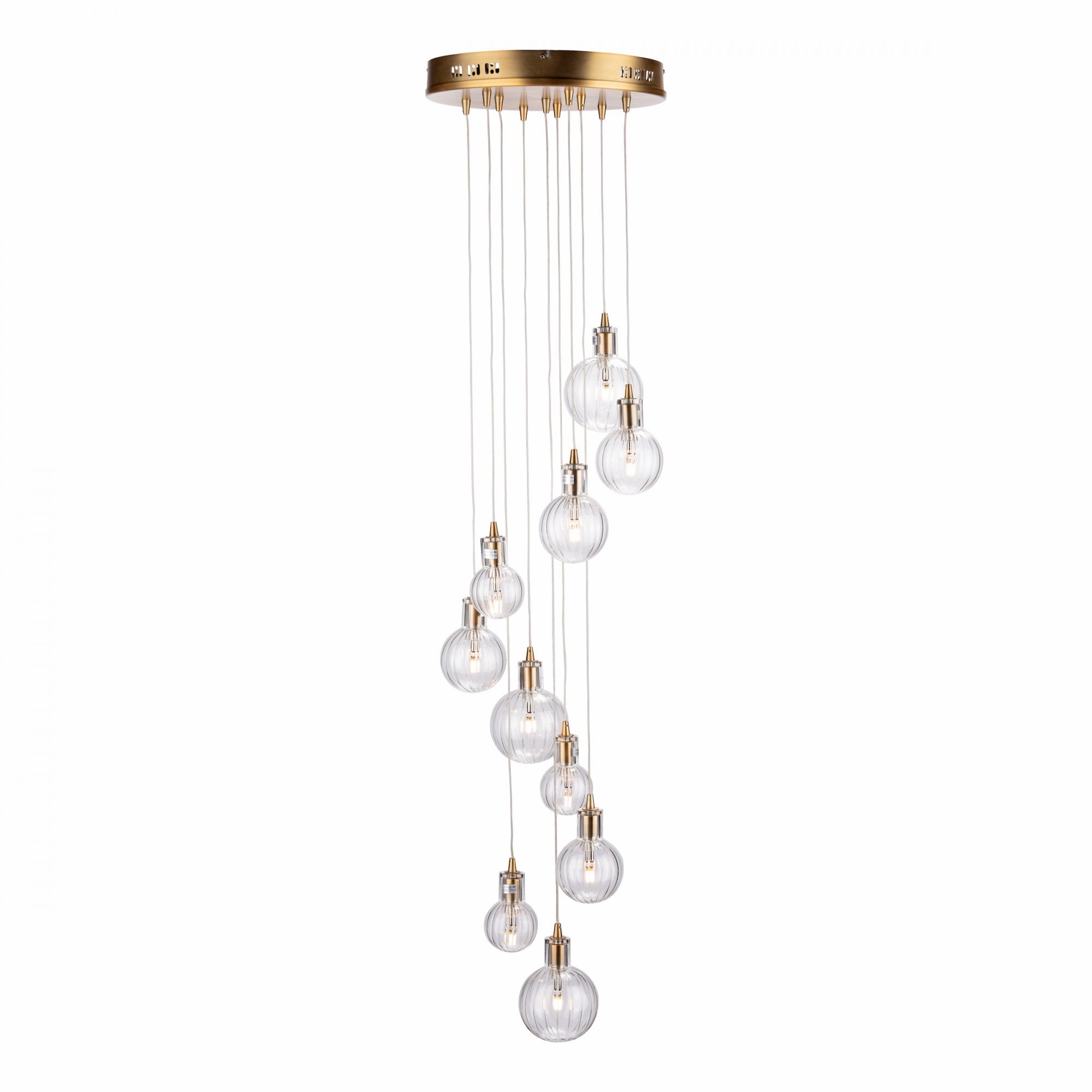 Dita Stunning 10 Light Cluster Ceiling Pendant In Warm Brass With Ribbed Glass DIT2342