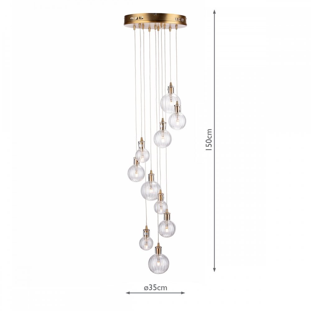 Dita Stunning 10 Light Cluster Ceiling Pendant In Warm Brass With Ribbed Glass DIT2342