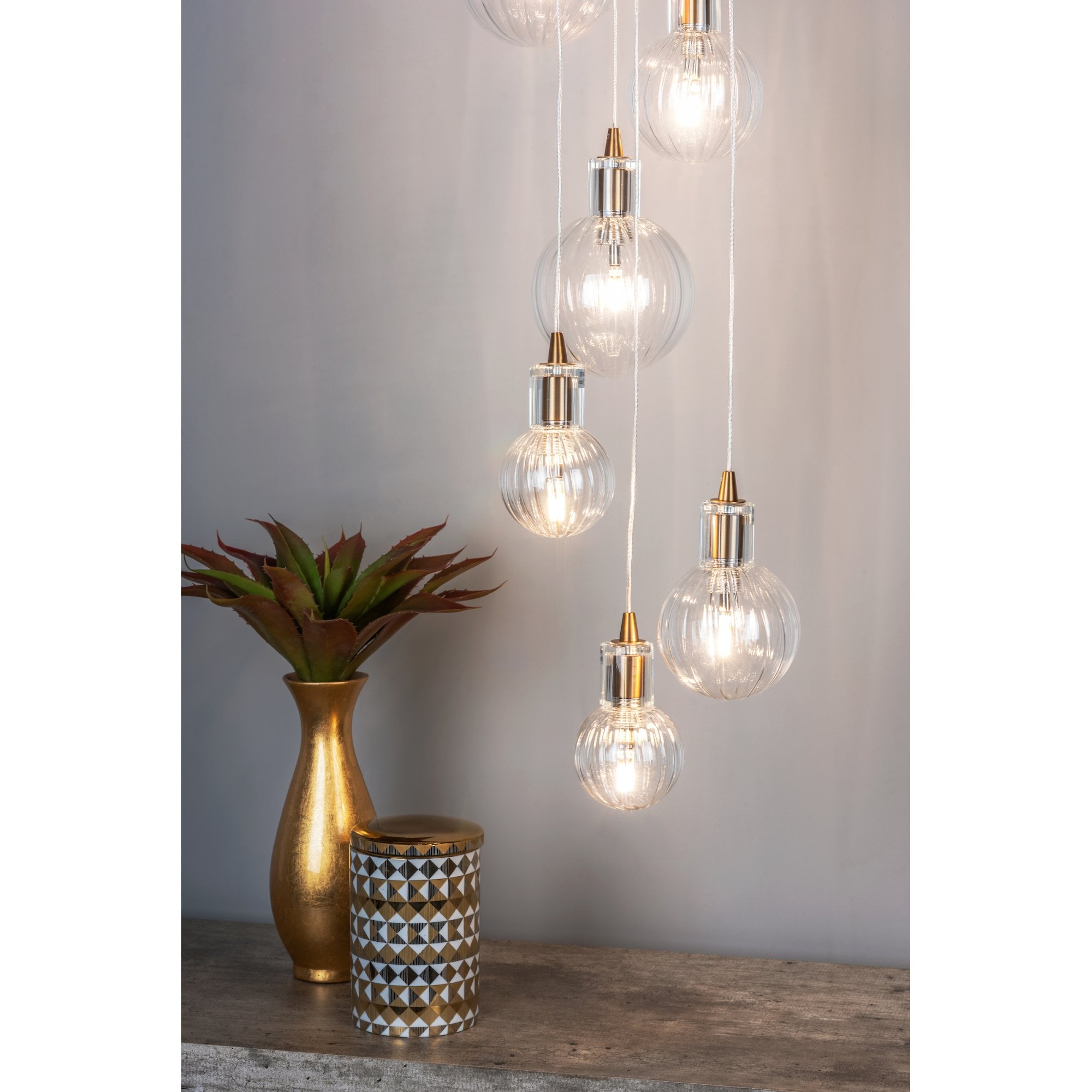 Dita Stunning 10 Light Cluster Ceiling Pendant In Warm Brass With Ribbed Glass DIT2342