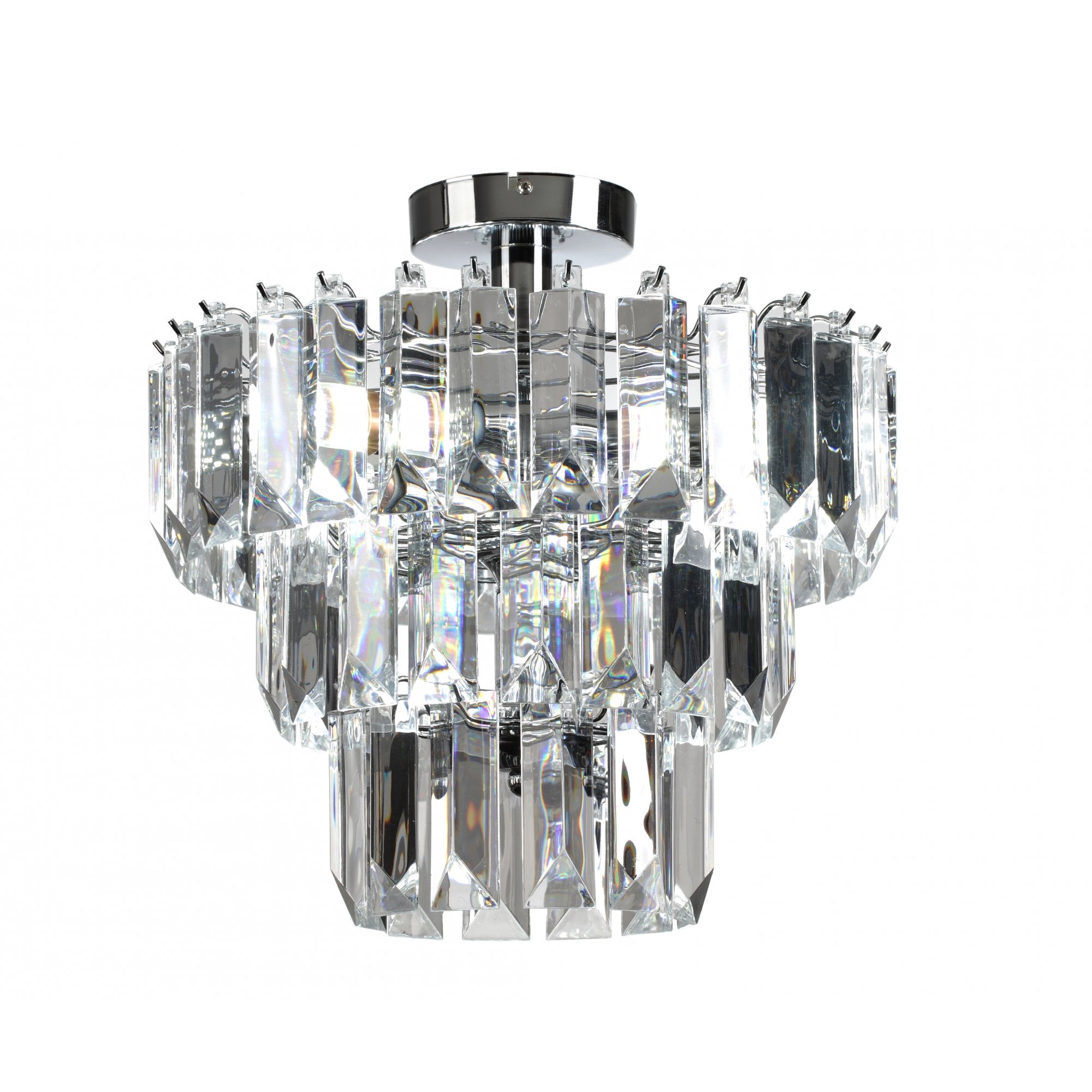 Elegant Crystal Prism 3 Light Semi Flush Ceiling Chandelier In Polished Chrome Finish