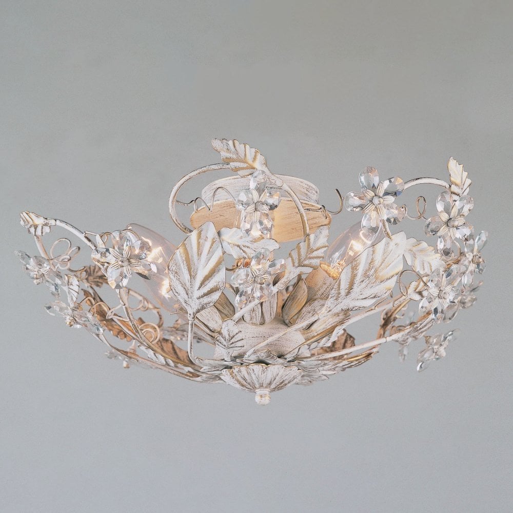 SF05305/AW Antique White Flush Crystal & Metal Ceiling Light