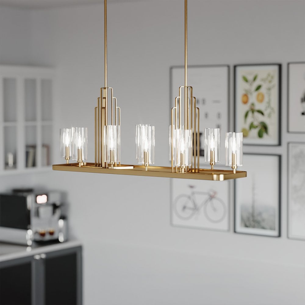 Kimrose Art Deco 10 Light Linear Chandelier In Brushed Natural Brass QN-KIMROSE10-BNB