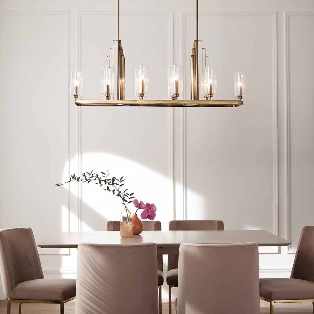 Kimrose Art Deco 10 Light Linear Chandelier In Brushed Natural Brass QN-KIMROSE10-BNB
