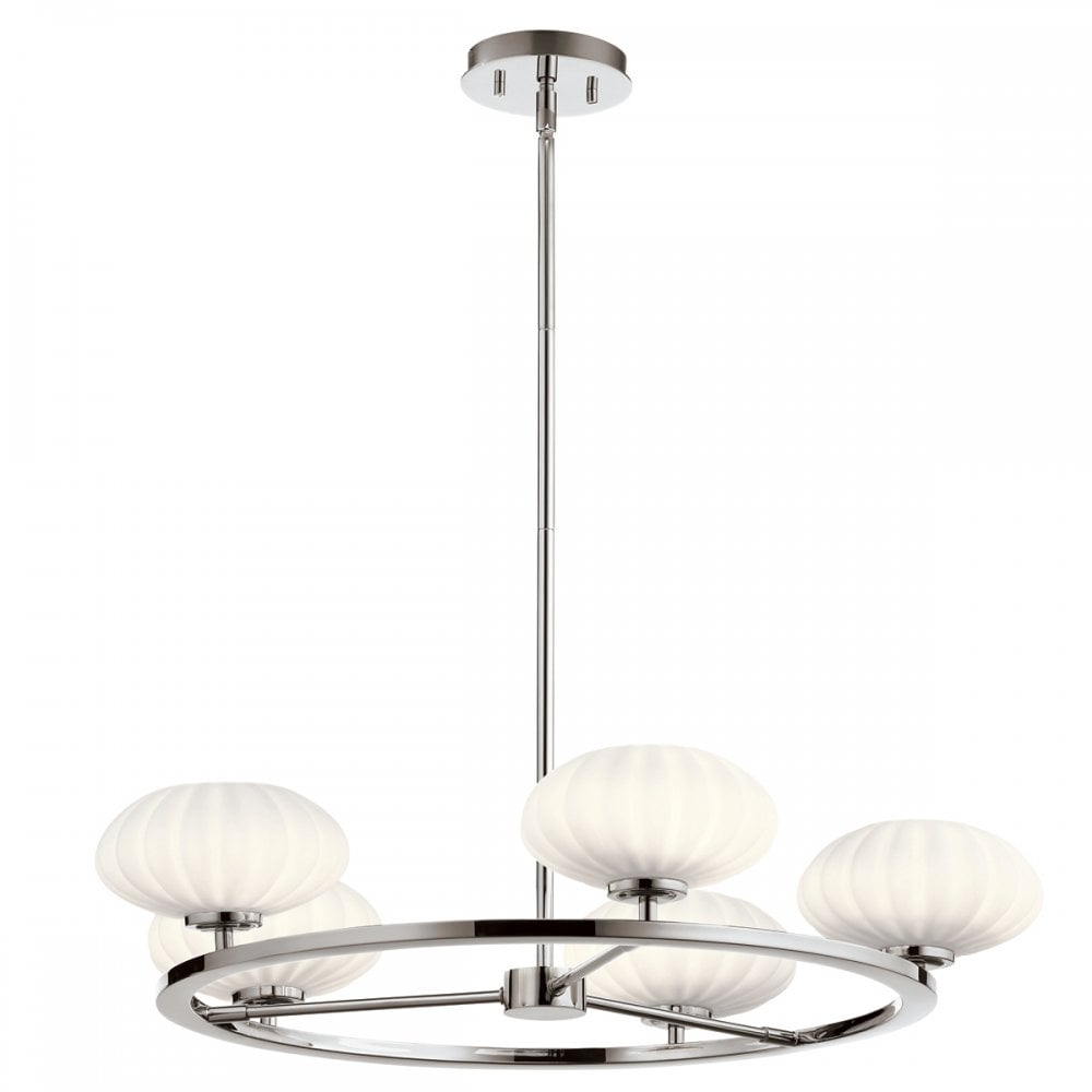 Pim Modern 5 Light Ceiling Chandelier In Polished Chrome With Opal Glass IP44 QN-PIM5-PC