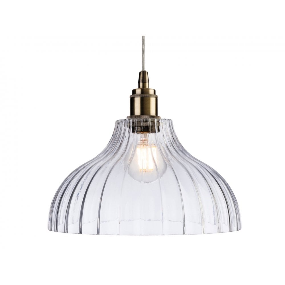Victory Single Ceiling Pendant Light In Antique Brass Finish With Fluted Glass 7648AB