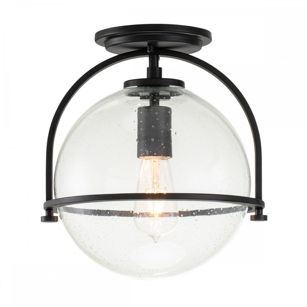 Somerset Flush Ceiling Light In Black With Clear Seeded Glass QN-SOMERSET-F-C-BK