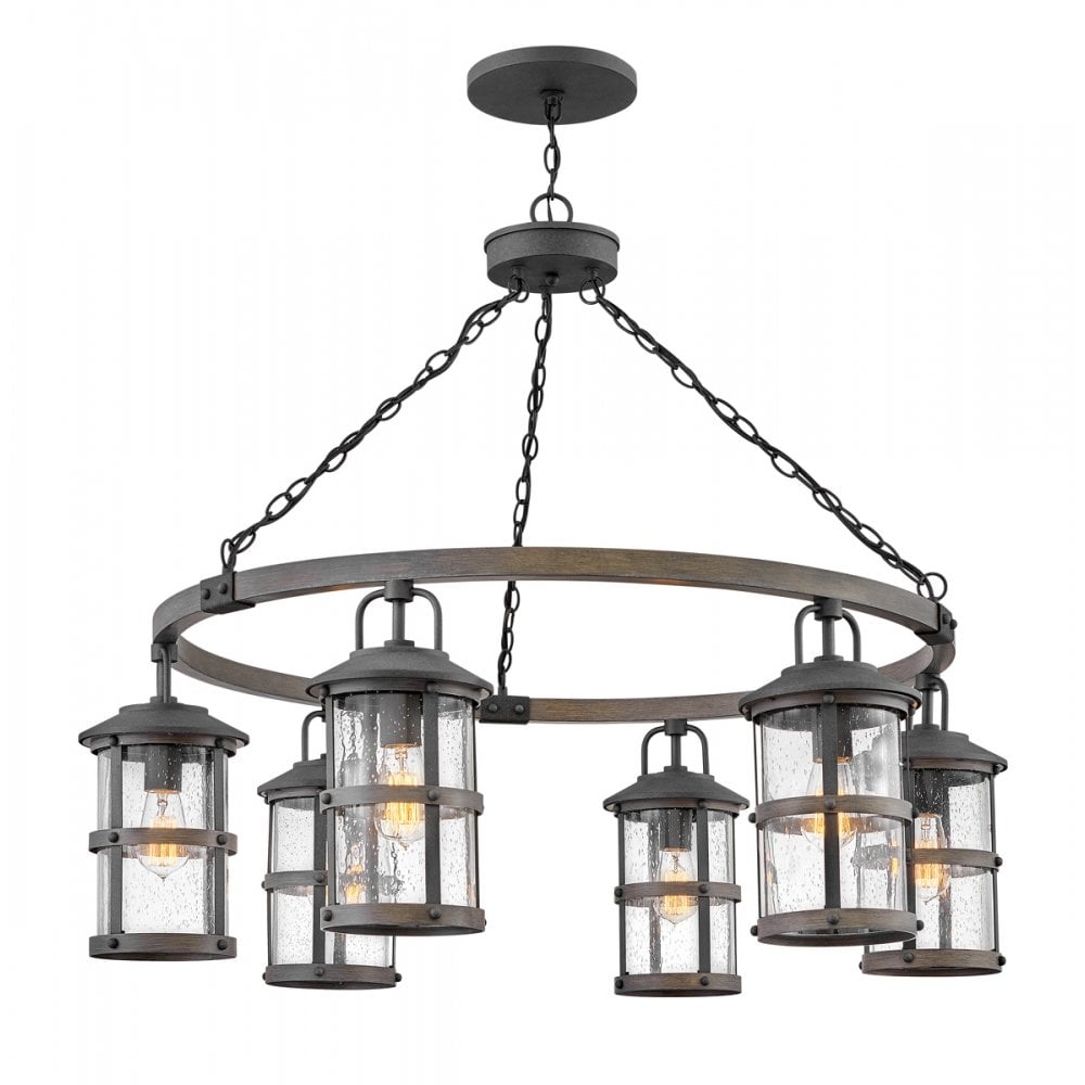 Lakehouse Outdoor Chandelier In Aged Zinc And Driftwood Grey Finish QN-LAKEHOUSE6-P-DZ