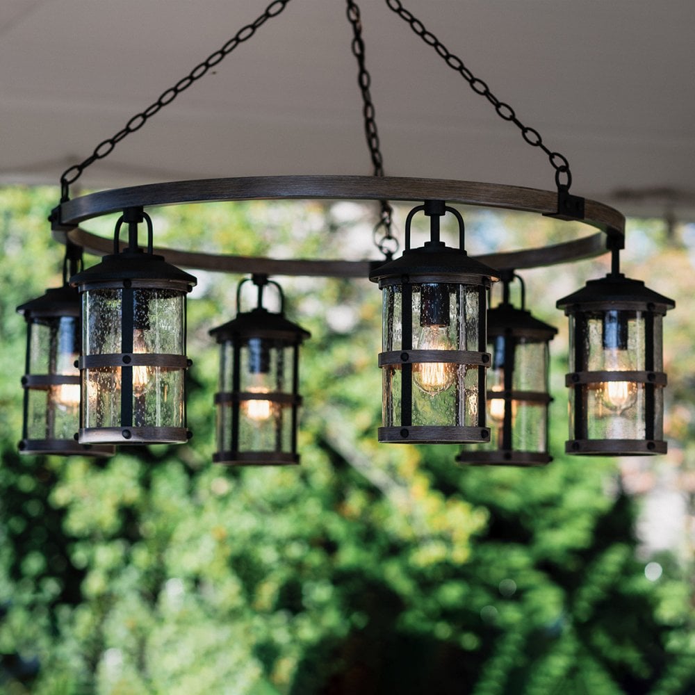 Lakehouse Outdoor Chandelier In Aged Zinc And Driftwood Grey Finish QN-LAKEHOUSE6-P-DZ