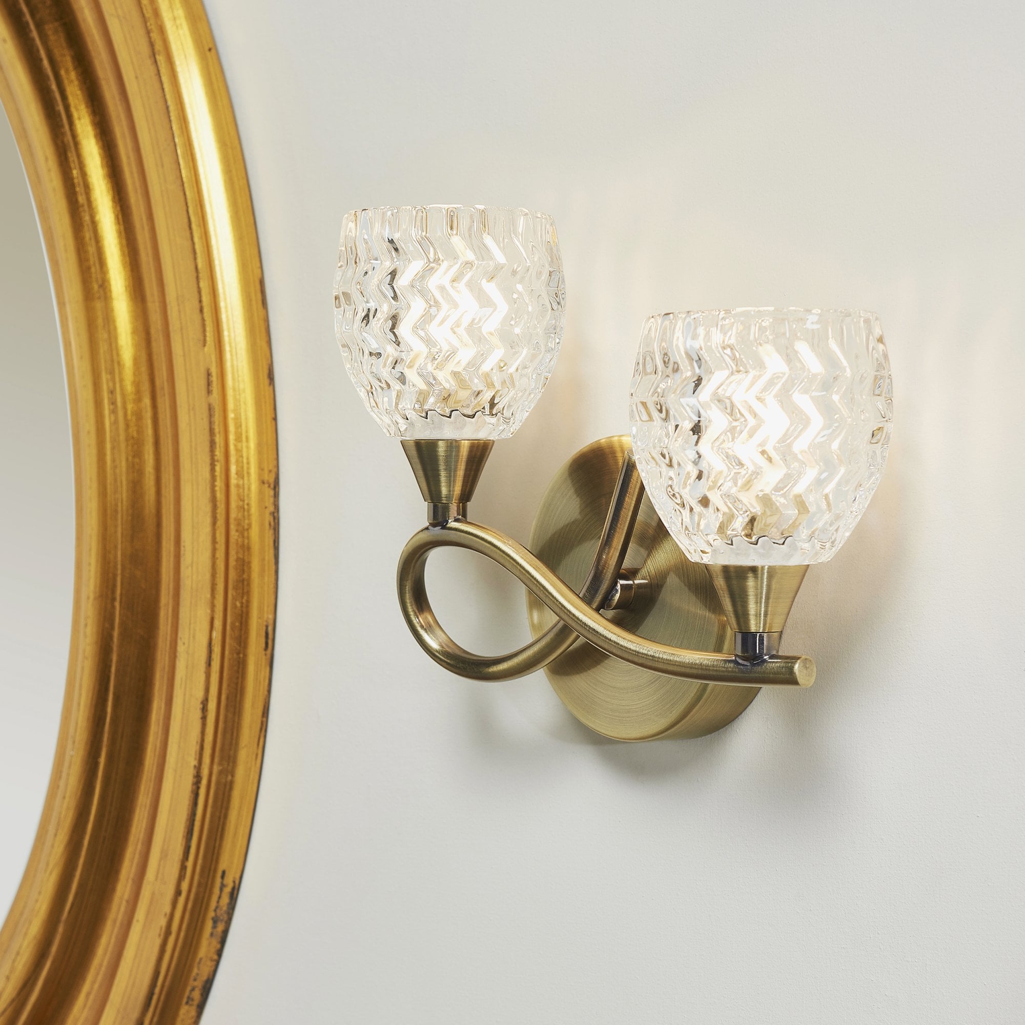 BOYER-2WBAB 2 Light Antique Brass Zig Zig Glass Wall Light