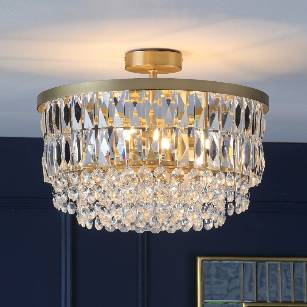 Rhosill 3 Light Semi Flush Ceiling Light With Faceted Glass In Antique Brass Finish LA3756206-Q