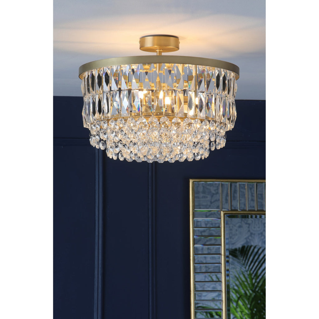 Rhosill 3 Light Semi Flush Ceiling Light With Faceted Glass In Antique Brass Finish LA3756206-Q