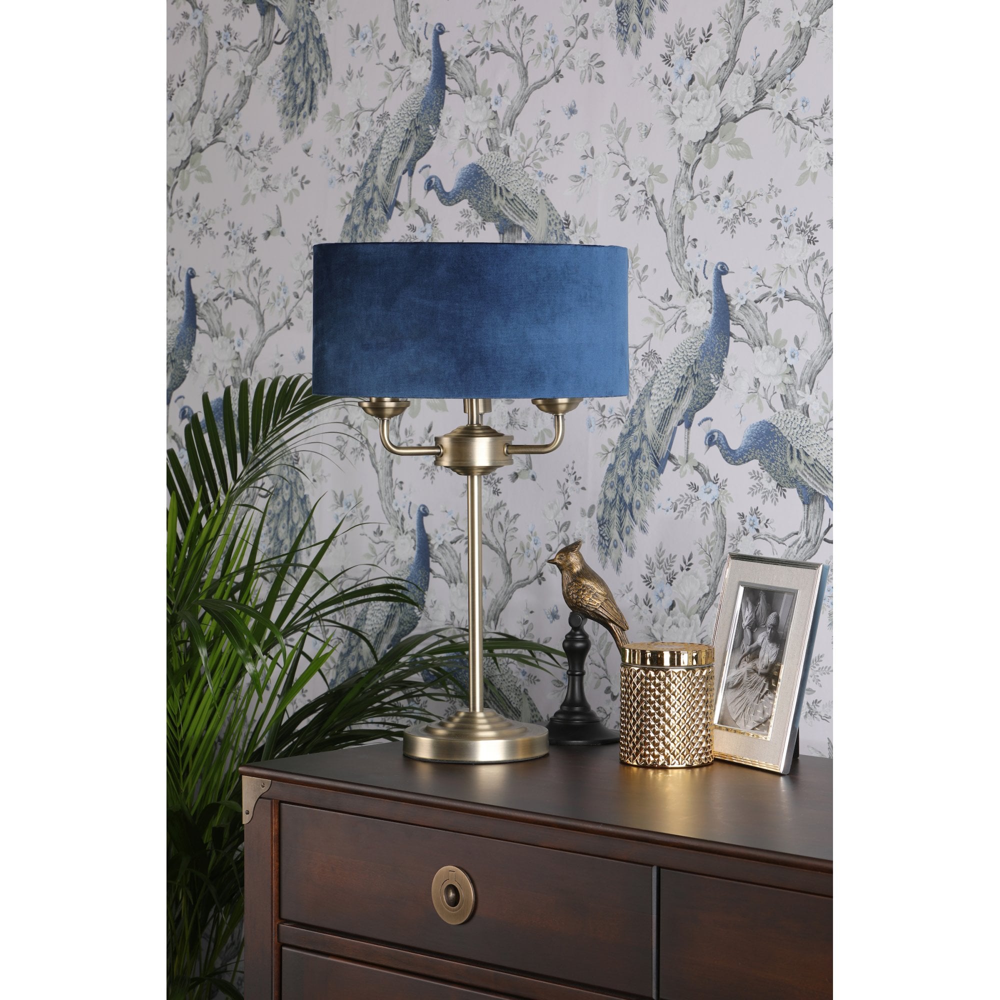 Sorrento 3 Light Table Lamp In Antique Brass Finish With Blue Shade LA3756234-Q