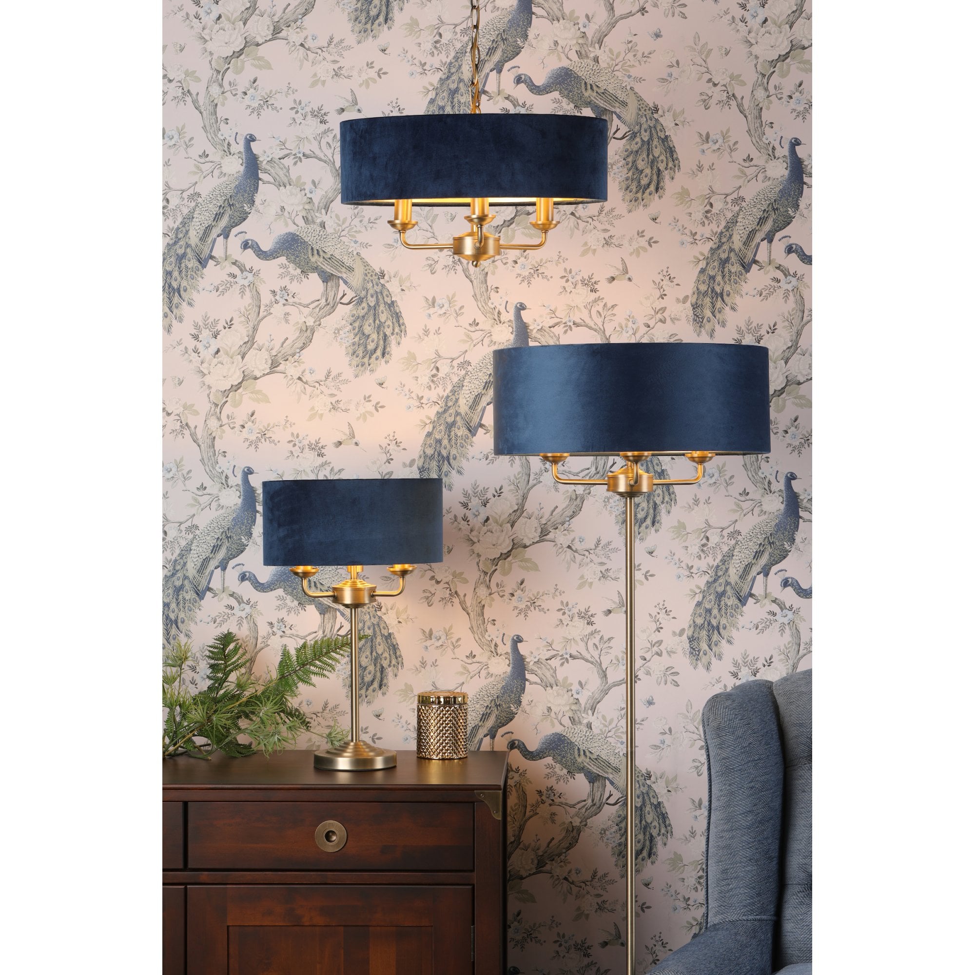 Sorrento 3 Light Table Lamp In Antique Brass Finish With Blue Shade LA3756234-Q