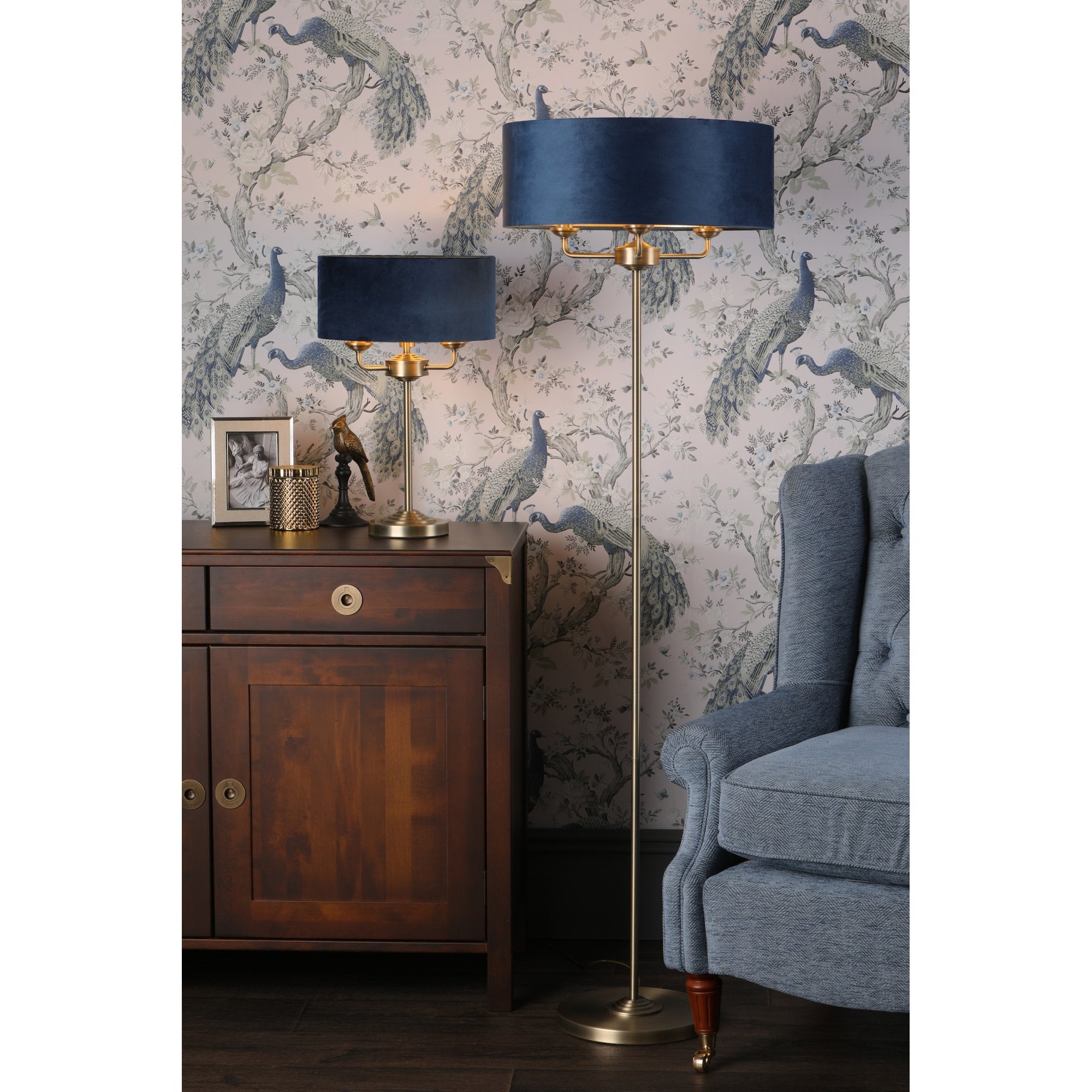 Sorrento 3 Light Table Lamp In Antique Brass Finish With Blue Shade LA3756234-Q