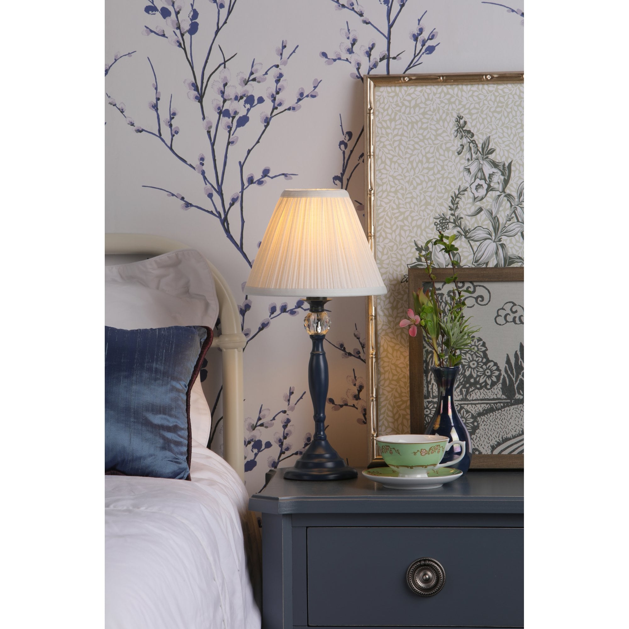 Ellis Table Lamp In Matt Blue Finish With Crystal Ball And Cream Shade LA3756268-Q