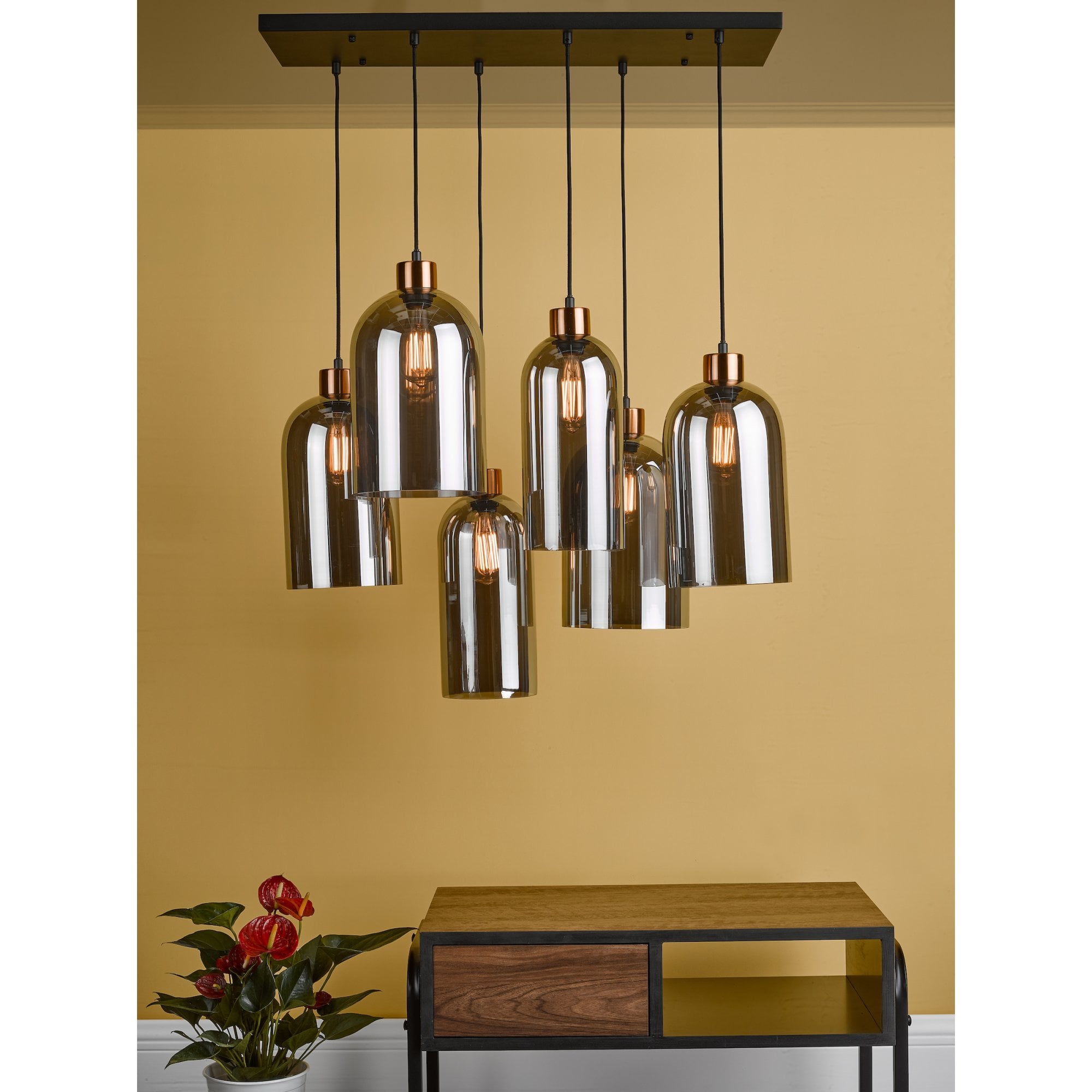 Alma 6 Light Bar Ceiling Pendant Light In Matt Black With Smoked Glass Shades ALM6422