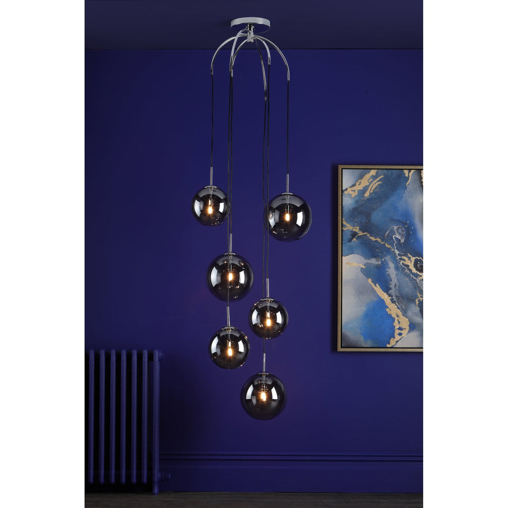 Nico 6 Light Modern Cluster Pendant In Polished Chrome With Smoked Glass NIC0650