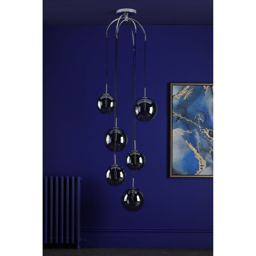 Nico 6 Light Modern Cluster Pendant In Polished Chrome With Smoked Glass NIC0650