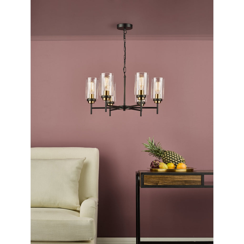 Abel Industrial 6 Light Ceiling Pendant Light In Satin Black With Glass Shades ABE0654