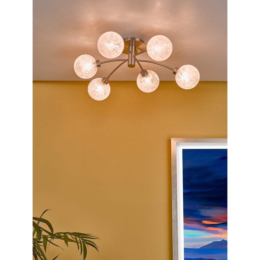 Avari 6 Light Semi Flush Ceiling Light In Satin Nickel With Frosted Globe AVA6446