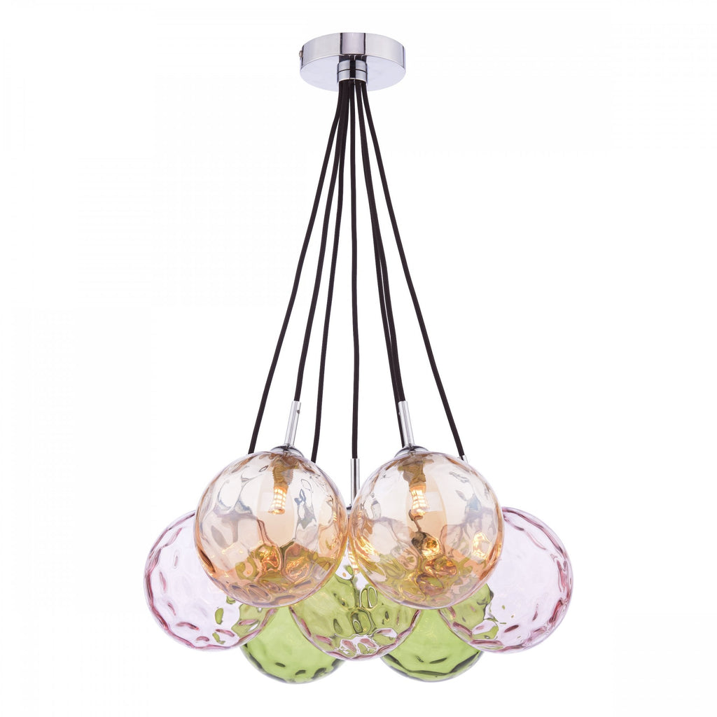 Elpis 7 Light Cluster Ceiling Pendant In Polished Chrome With Mixed Glass Shades ELP342-MIX