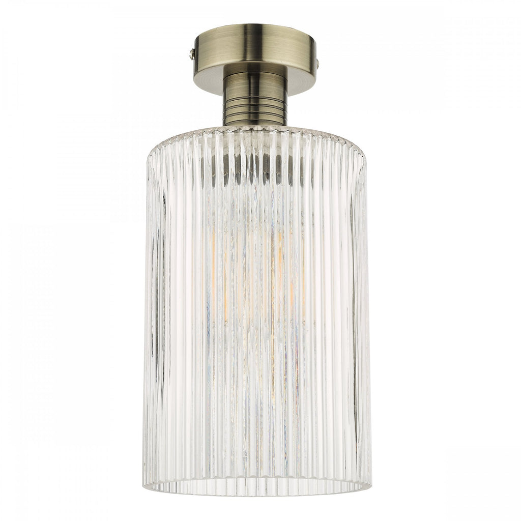 Emerson Semi Flush Ceiling Light In Antique Brass With Cylinder Ribbed Glass EME4875-E01