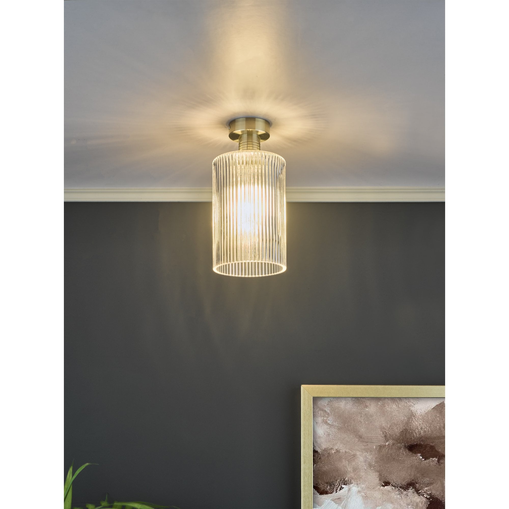 Emerson Semi Flush Ceiling Light In Antique Brass With Cylinder Ribbed Glass EME4875-E01