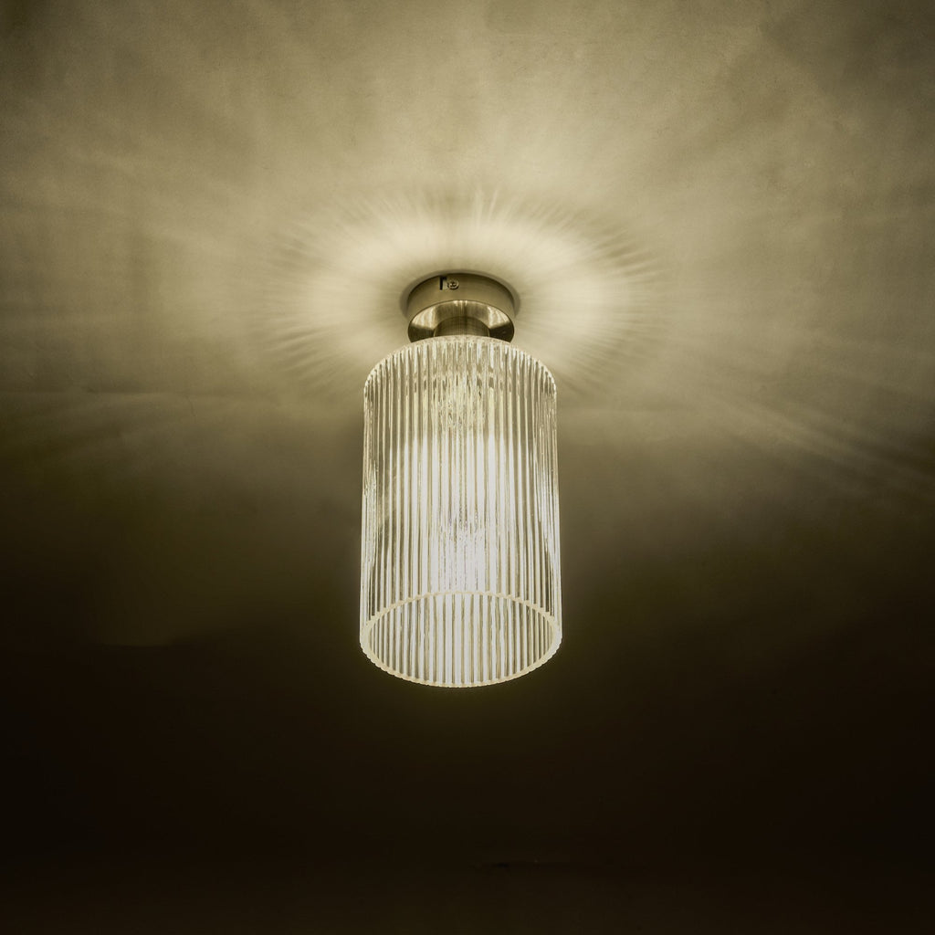 Emerson Semi Flush Ceiling Light In Antique Brass With Cylinder Ribbed Glass EME4875-E01