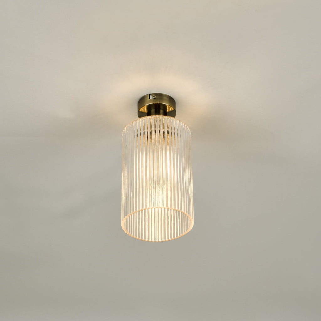 Emerson Semi Flush Ceiling Light In Antique Brass With Cylinder Ribbed Glass EME4875-E01