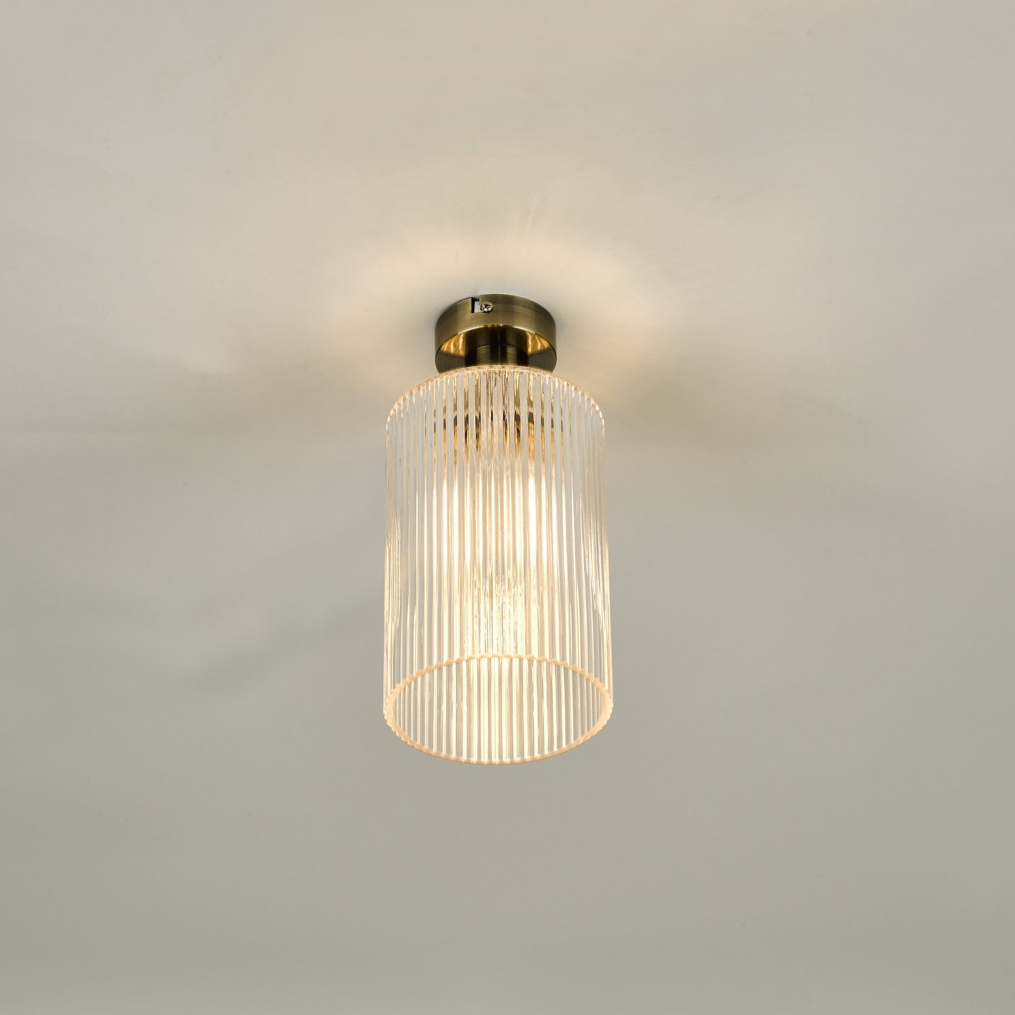 Emerson Semi Flush Ceiling Light In Antique Brass With Cylinder Ribbed Glass EME4875-E01