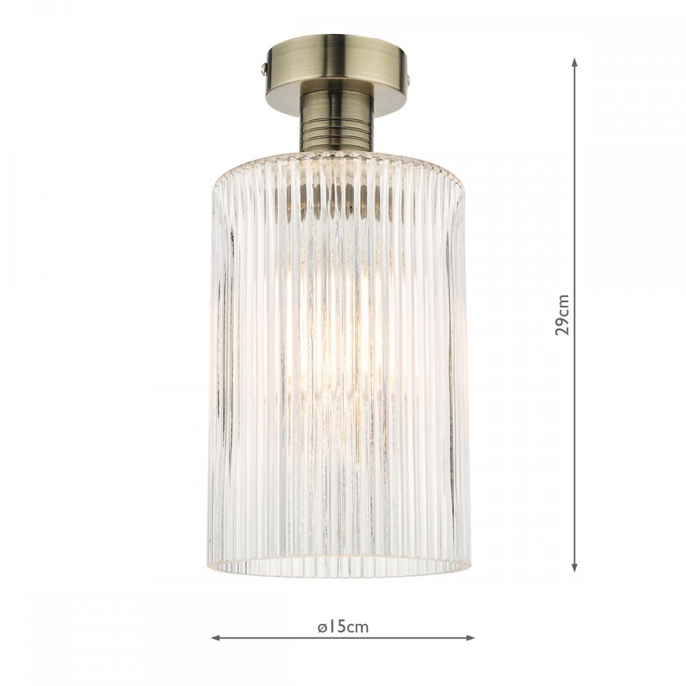 Emerson Semi Flush Ceiling Light In Antique Brass With Cylinder Ribbed Glass EME4875-E01