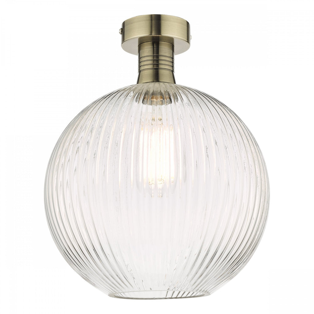 Emerson Semi Flush Ceiling Light In Antique Brass With Round Ribbed Glass EME4875-E02