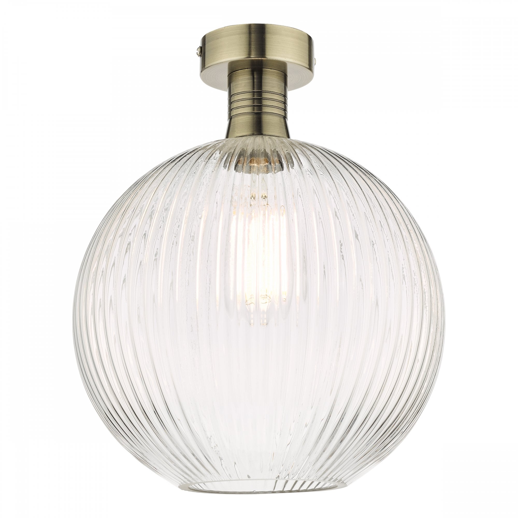 Emerson Semi Flush Ceiling Light In Antique Brass With Round Ribbed Glass EME4875-E02