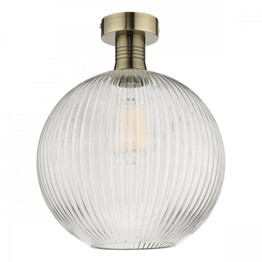 Emerson Semi Flush Ceiling Light In Antique Brass With Round Ribbed Glass EME4875-E02