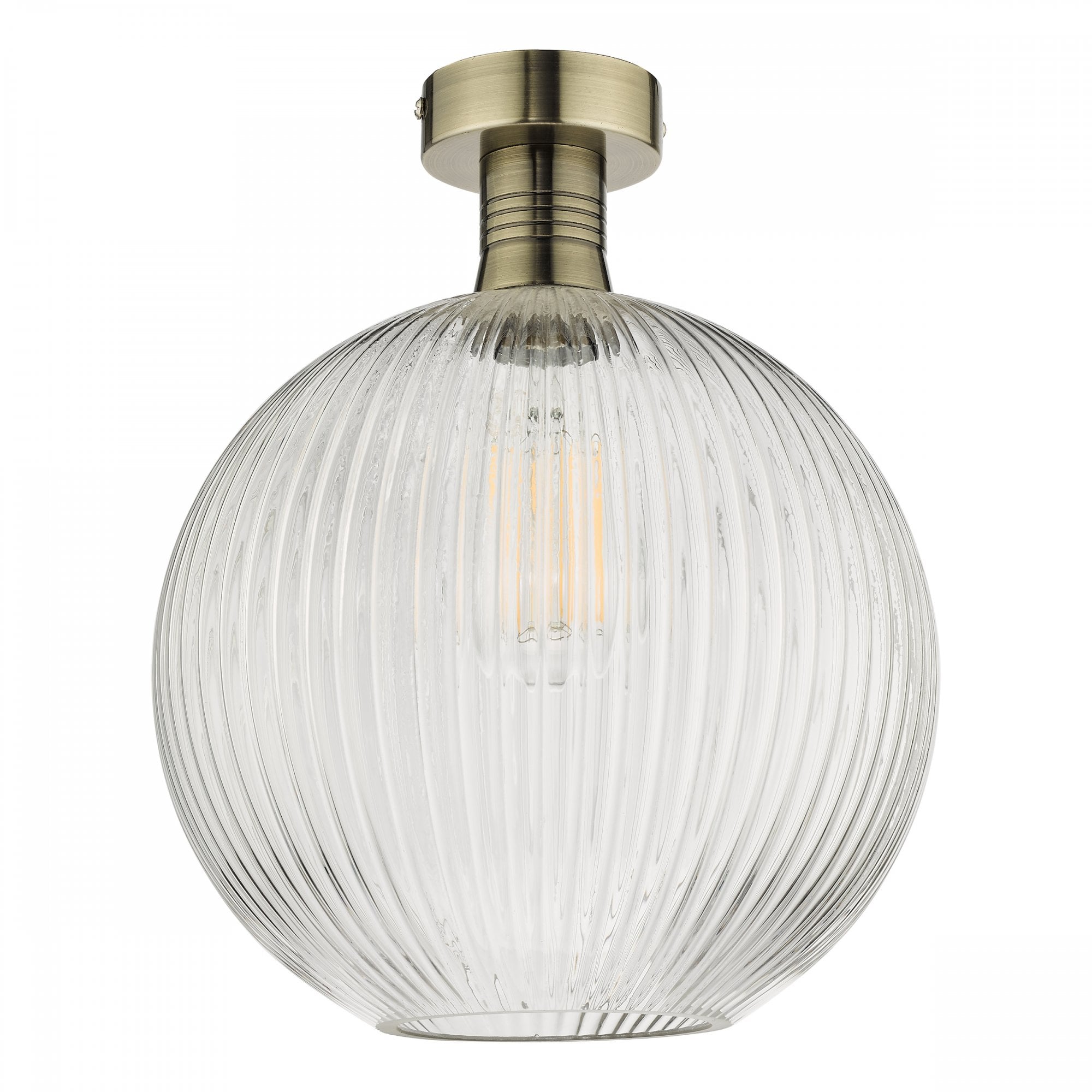 Emerson Semi Flush Ceiling Light In Antique Brass With Round Ribbed Glass EME4875-E02