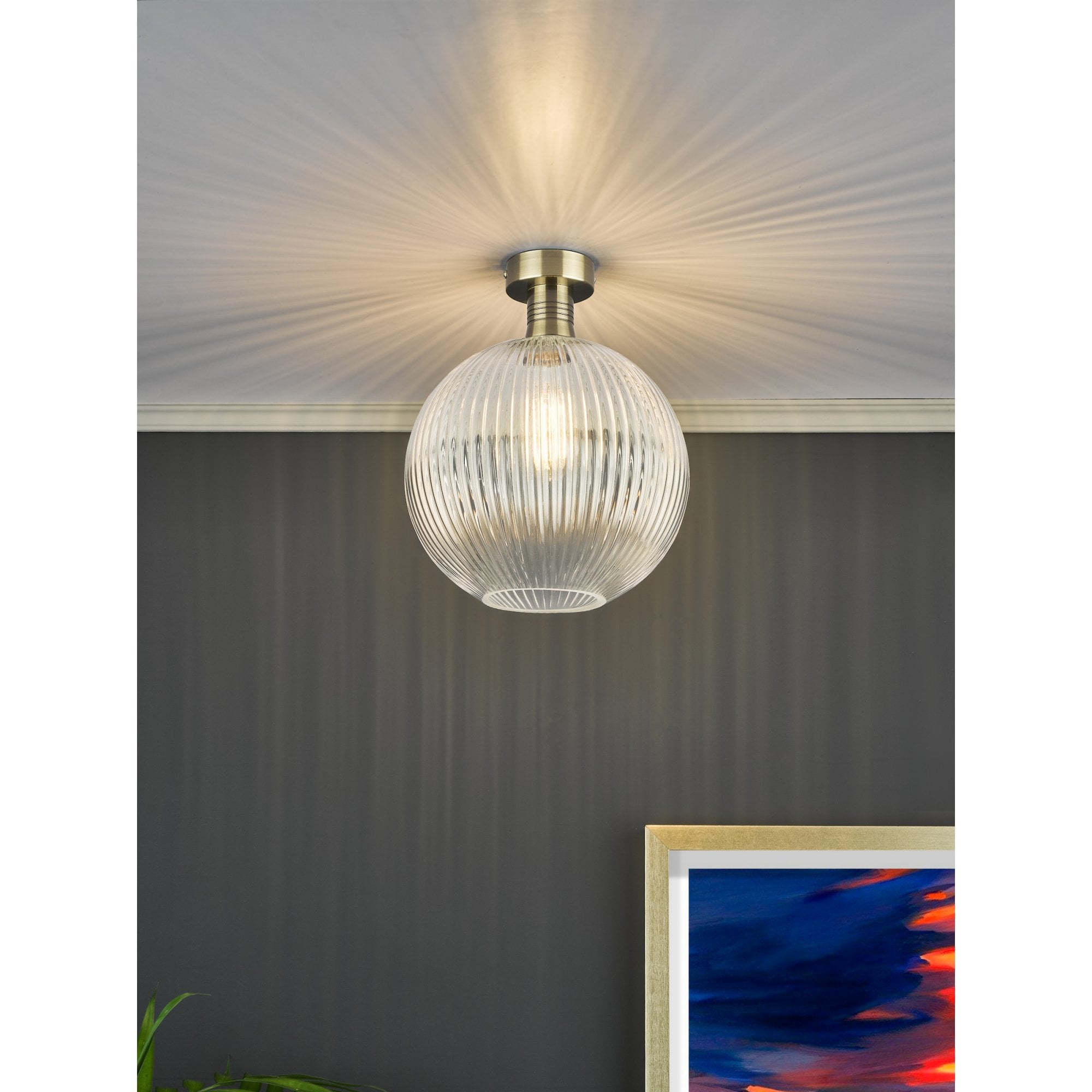Emerson Semi Flush Ceiling Light In Antique Brass With Round Ribbed Glass EME4875-E02