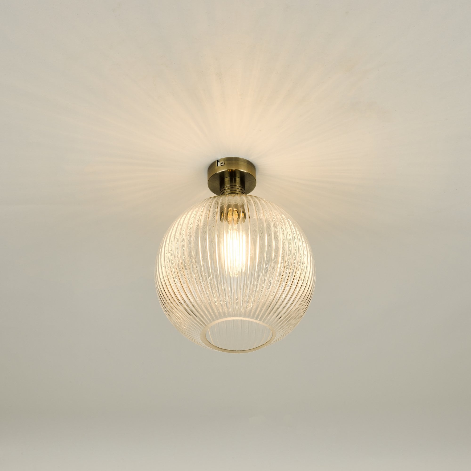 Emerson Semi Flush Ceiling Light In Antique Brass With Round Ribbed Glass EME4875-E02