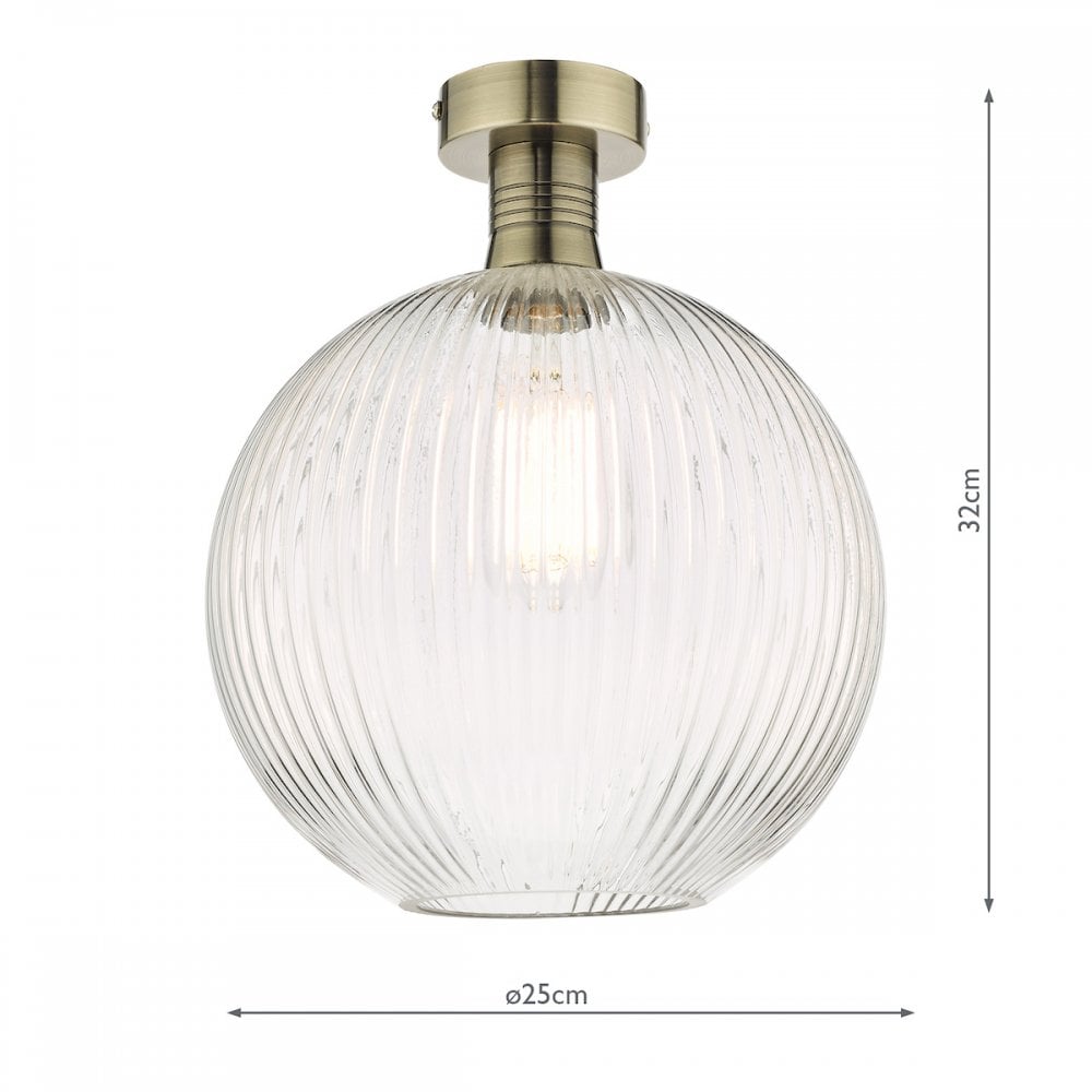 Emerson Semi Flush Ceiling Light In Antique Brass With Round Ribbed Glass EME4875-E02
