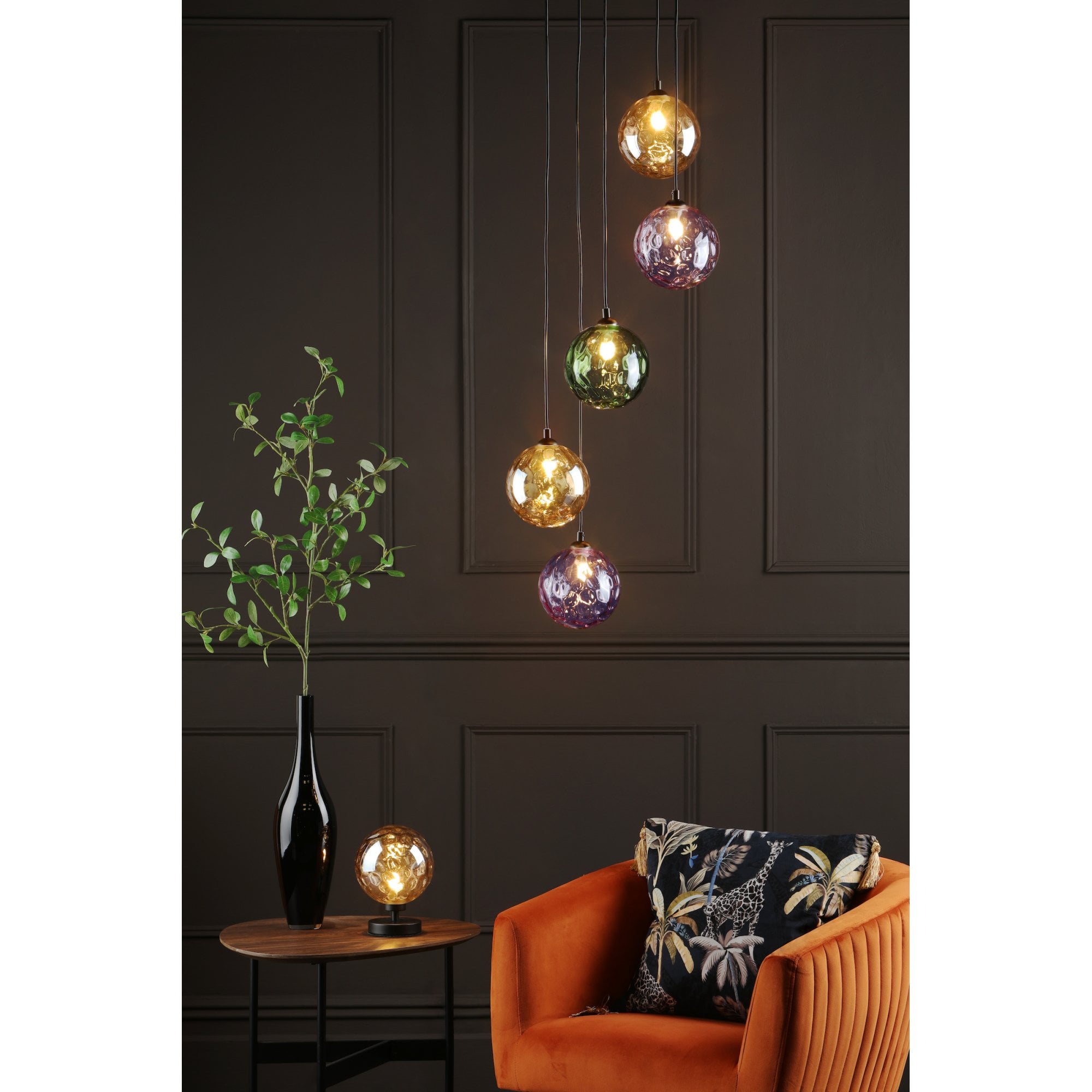 Federico 5 Light Cluster Ceiling Pendant Light In Matt Black With Mixed Coloured Glass FED0522-MIX