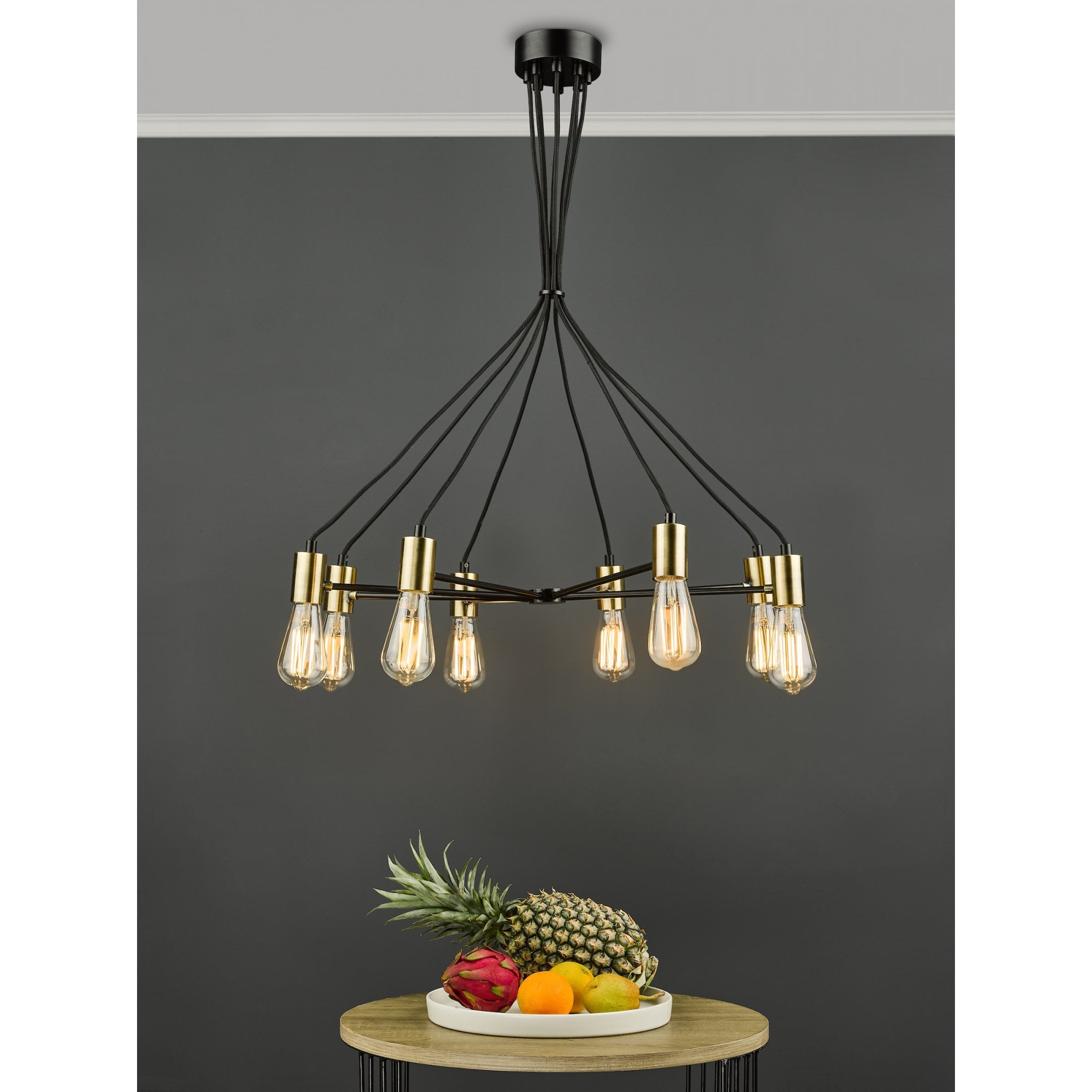 Gabriel Industrial 8 Light Ceiling Pendant Light In Satin Black And Antique Gold Finish GAB0854