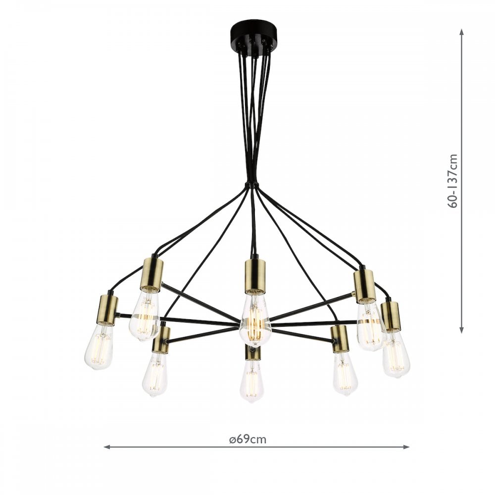 Gabriel Industrial 8 Light Ceiling Pendant Light In Satin Black And Antique Gold Finish GAB0854