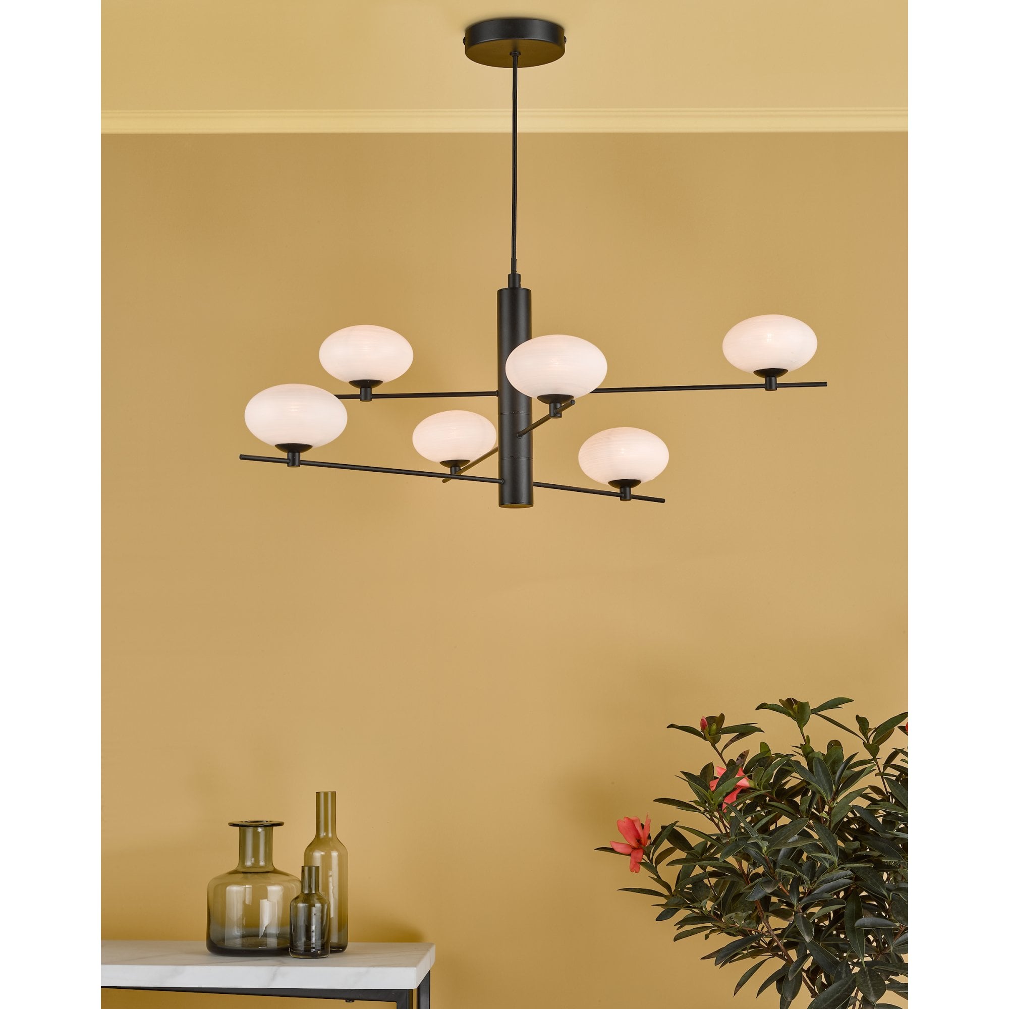 Jasper 6 Light Ceiling Pendant Light In Matt Black Finish With Opal Glass Shades JAS0622