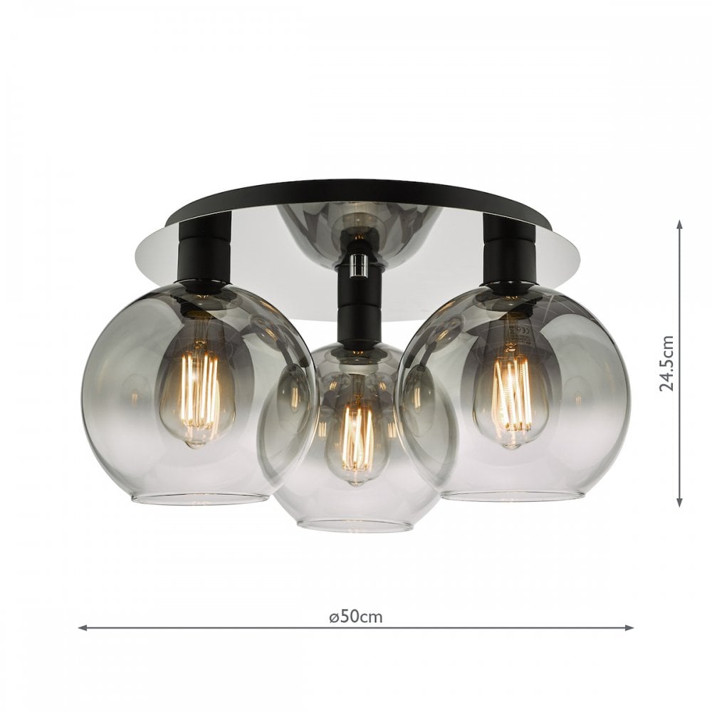 Lycia 3 Light Flush Ceiling Light In Matt Black Finish With Smoked Ombre Glass Shades LYC5322
